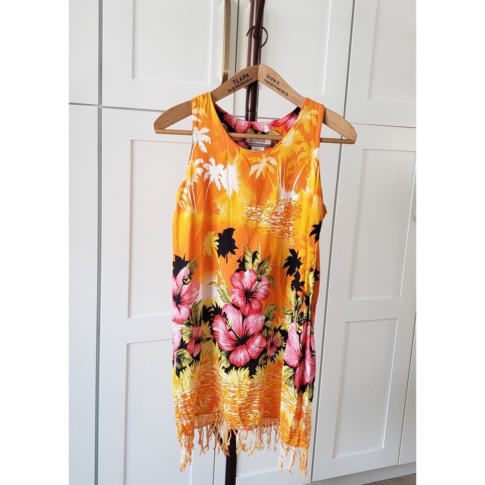 Beachwear Dress Womens M Orange Floral Hawaiian‎ Fringe Sleeveless Mini